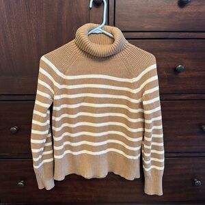 Lands’ End Brown & Cream Striped 100% Cotton Turtleneck Sweater Fall Coastal Cla